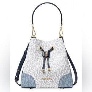 MICHAEL KORS Blue Mercer Gallery Color Block Logo Bucket Bag w/removable wallet